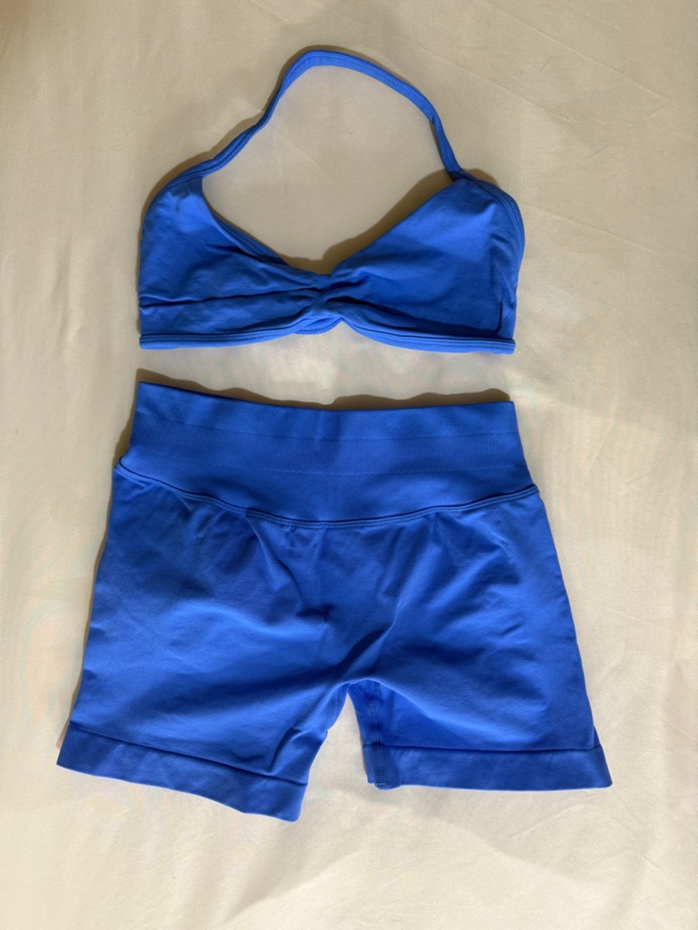 Blue Athletic Bra and High-Waist Shorts Set